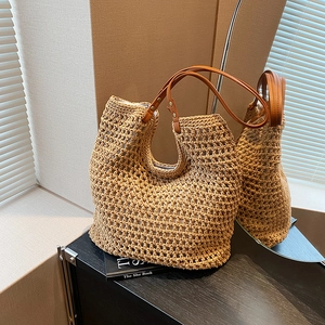 Handwoven Straw Tote Bag With Leather Straps Large Capacity Hollow Out Mesh Casual Summer Beach Travel Handbag For Women