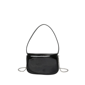 Minimalist black patent leather baguette bag with a sleek crescent shape and silver bead chain