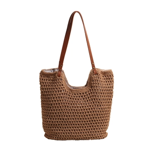 Handmade woven cotton tote bag in caramel brown with faux leather straps and lining