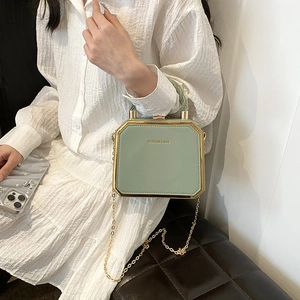 Elegant mint green box handbag with gold trim and chain strap shown with a model