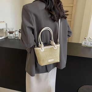 Minimalist beige straw and white leather patchwork tote bag with fashion lettering