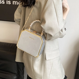 Elegant grey octagonal chain box bag with golden metal frame and spiral top handle