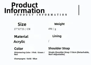 Detailed specifications for acrylic crossbody bag measuring 27x12x25 cm with 110cm strap