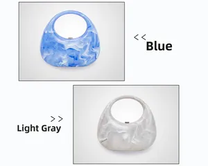 Detail view of blue and light gray marble texture acrylic handbags with round handles