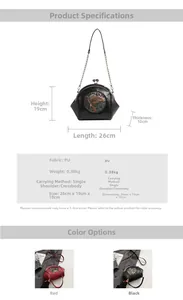 Size guide for embroidered shell bag with chain strap and detailed product dimensions