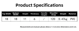 Detailed size chart for the quilted crossbody evening bag with full product specifications