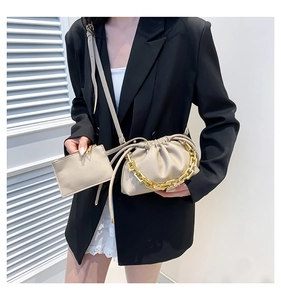 Detail of beige pleated cloud bag set with a chunky gold chain strap and mini pouch