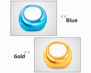 Detail view of modern acrylic handbags in high-shine metallic blue and gold finishes