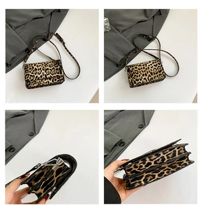 Detailed views of leopard print shoulder bag with silver hardware and adjustable strap