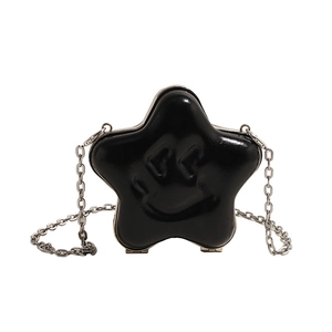 Street style black star-shaped crossbody bag with heart-eye smiley face and chain strap