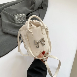 Sweet Bow Bucket Bag Mini PU Leather Drawstring Handbag Crossbody Shoulder Bag For Women Versatile Fashion