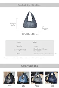 Detailed dimension guide and color options for large denim hobo shoulder bag