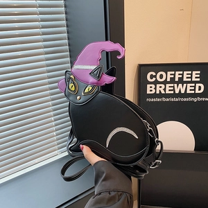 Sac À Bandoulière En Forme De Chat Noir Halloween En Cuir PU Avec Chapeau De Sorcière Violet Pochette De Dessin Animé