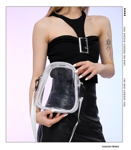 Fashionable transparent PVC mini backpack with panda ear decor and white woven strap