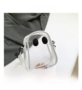 Macro detail of ghost-shaped transparent PVC mini bag with cute eye patches and white strap