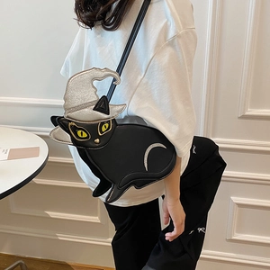 Mignon sac bandoulière chat noir avec chapeau de sorcière pour mode d'Halloween femme