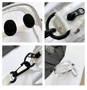 Detail of white PVC jelly bag showing matte black metal hardware and zipper closures
