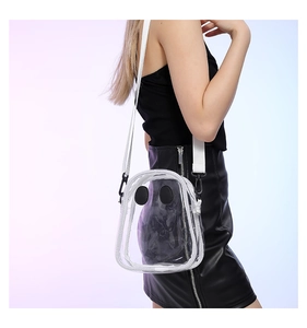 Detail of transparent PVC crossbody bag with playful face design and white woven strap