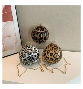 Three spherical evening bags in leopard print and solid tones with crystal handles