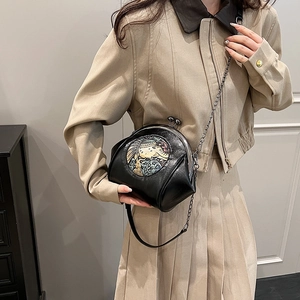 Retro black shell bag with colorful embroidery and metal chain strap for women