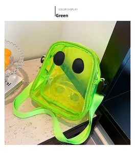 Detail of neon green transparent PVC crossbody bag with large eye design and strap