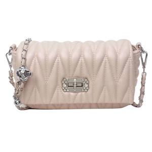 Light pink quilted crossbody bag with silver skull charm and metal chain strap