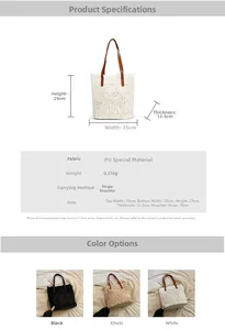Detailed chart showing hollow lace tote bag dimensions, material info and color options