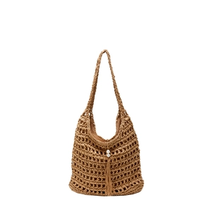 Hollow straw tote bag in khaki with tassel and pearl charms for summer beach casual style