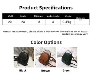 Detailed size parameters and color options for the mini PU leather women's backpack