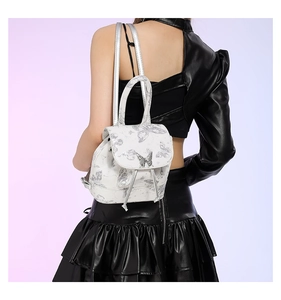 Detail of silver butterfly backpack with metallic buckle shown from a back perspective