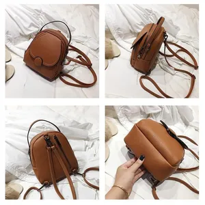 Detailed views of a brown lychee pattern leather mini backpack with adjustable straps