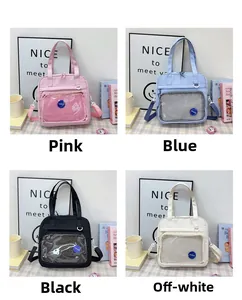 Detail of multi-purpose student Ita bag featuring transparent PVC window and fashion patch