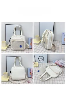 Detailed views of ivory nylon student bag featuring clear mesh pocket and strap