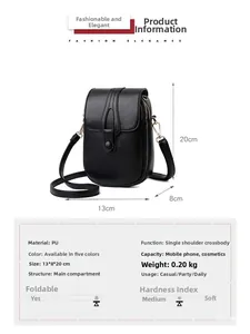 Dettaglio borsa porta cellulare in pelle PU nera con misure indicate 13x8x20cm