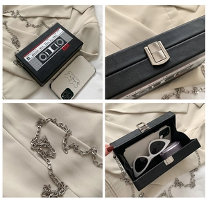 Detailed four-view collage of retro cassette crossbody bag with silver chain and inner storage