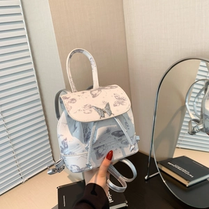 Mini Backpack For Women PU Leather Butterfly Print With Metal Buckle Drawstring Flap Aesthetic Travel Bag For Girls