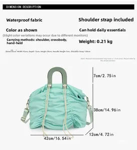 Size guide for canvas pleated bag showing dimensions and waterproof material specs