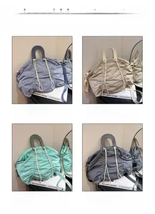 Detailed view of casual pleated nylon bags in blue, cream, green and grey with drawstrings