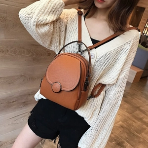 Brown lychee-texture leather mini backpack for women, convertible to shoulder bag style
