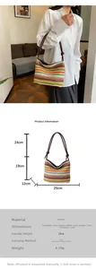 Detailed size chart and dimensions of the rainbow striped straw woven bucket bag
