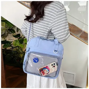 Detail of light blue ita bag with transparent front window for pins and dolls