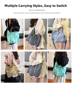 Detailed views of adjustable canvas shoulder bag showing various carrying styles in soft green