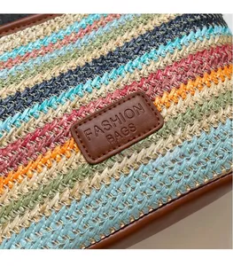 Close-up of multicolored straw woven bag texture with fashion bags leather patch