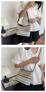 Vertical collage showing multi-color woven straw shoulder bag worn by a model in soft light