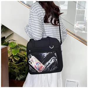Detail of black ita bag with transparent PVC window showing a smartphone inside