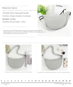 Spécifications de taille et poids pour le sac en croissant en nylon gris clair