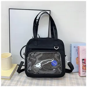 Detail view of a black ita bag with clear PVC front window for badge display