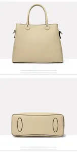 Detail views of khaki tote bag showing back side and oval reinforced base structure