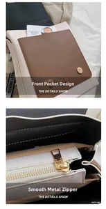 Detail of front pocket with magnetic snap and smooth gold zipper on PU leather backpack