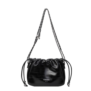 Minimalist black pleated drawstring bucket bag with silver chain strap for women